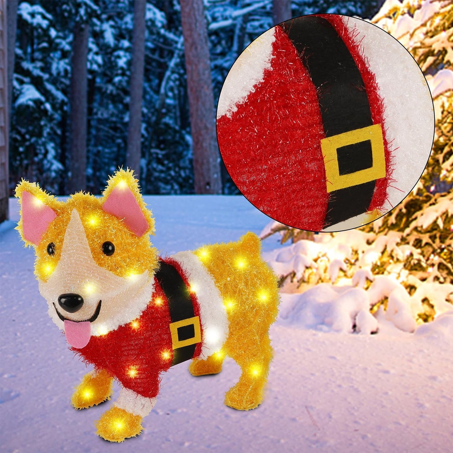 WATERGLIDE 17-Inch Lighted Christmas Dog Decoration - Pre-Lit 3D Tinsel Puppy for Indoor & Outdoor Holiday Decor