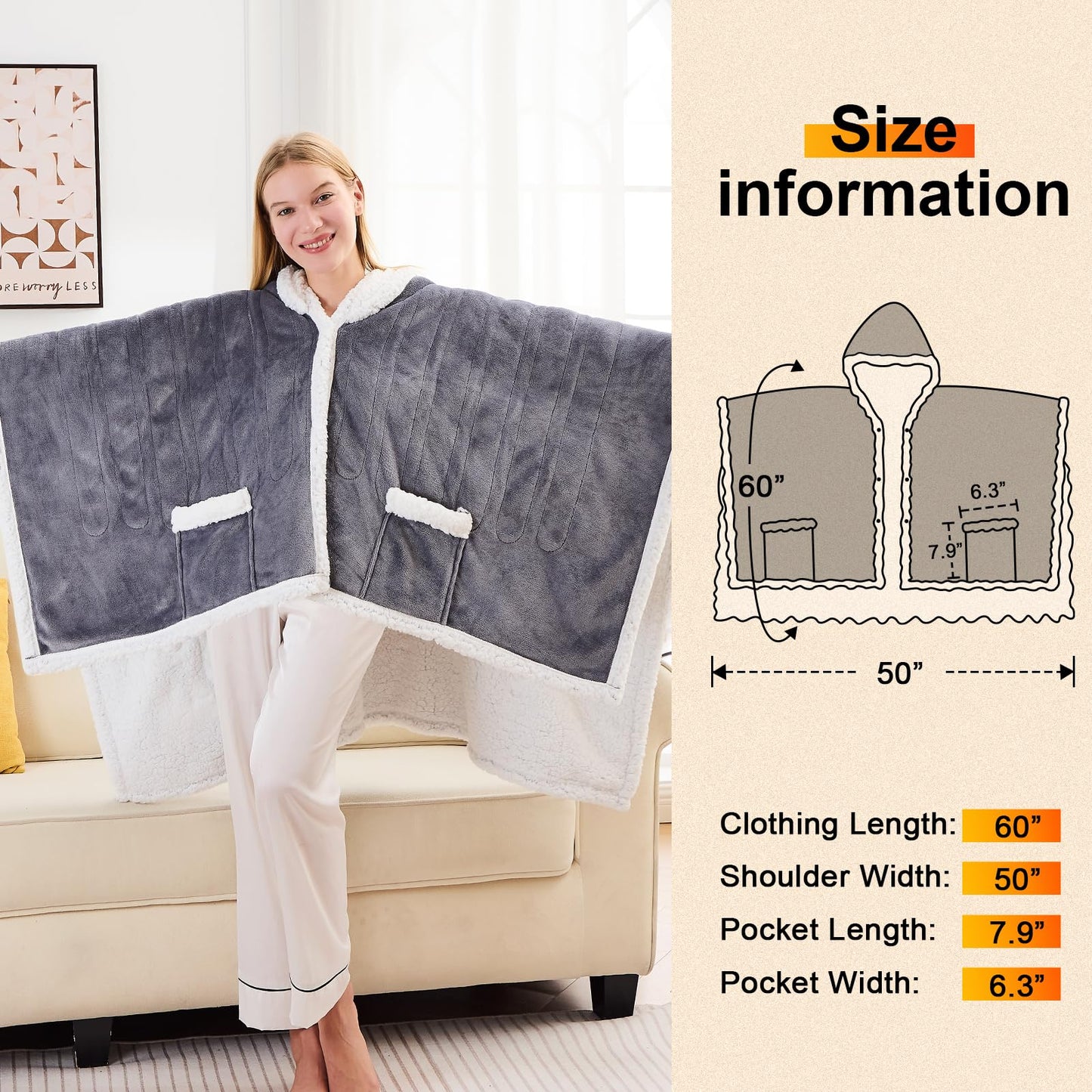 Wearable Heated Throw Blanket Electric Shawl ,Christmas Birthday Gifts for Grandma,Gift for Mom and Elderly Women,Heated Robe Poncho Blanket Hoodie for Adult, 5-Position Timer 10-Heating Levels,Grey