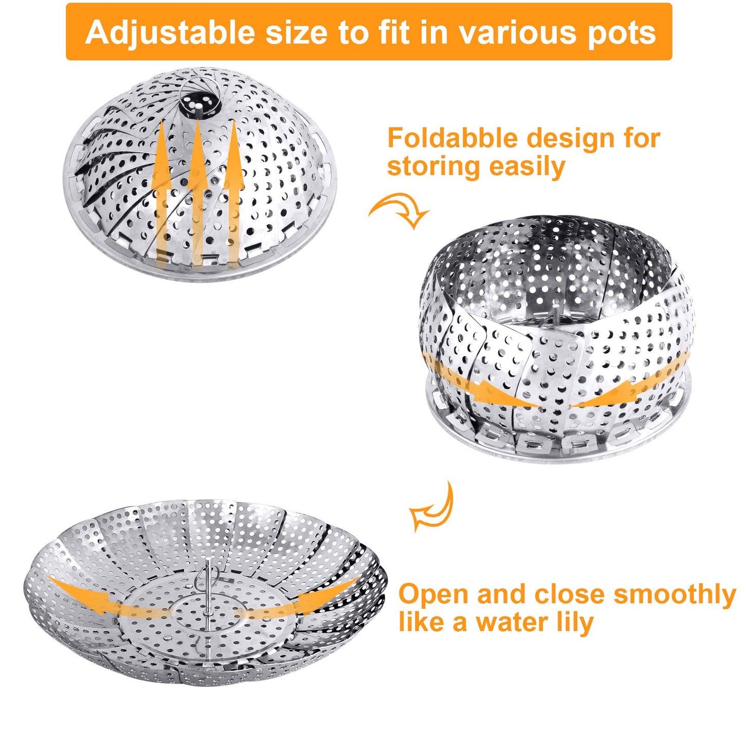 Veggie Vegetable Steamer Basket, Folding Steaming Basket, Metal Collapsible Stainless Steel Steamer Basket Insert for Cooking Food, Expandable Fit Various Size Pot(5.9" to 9.8") YLYL