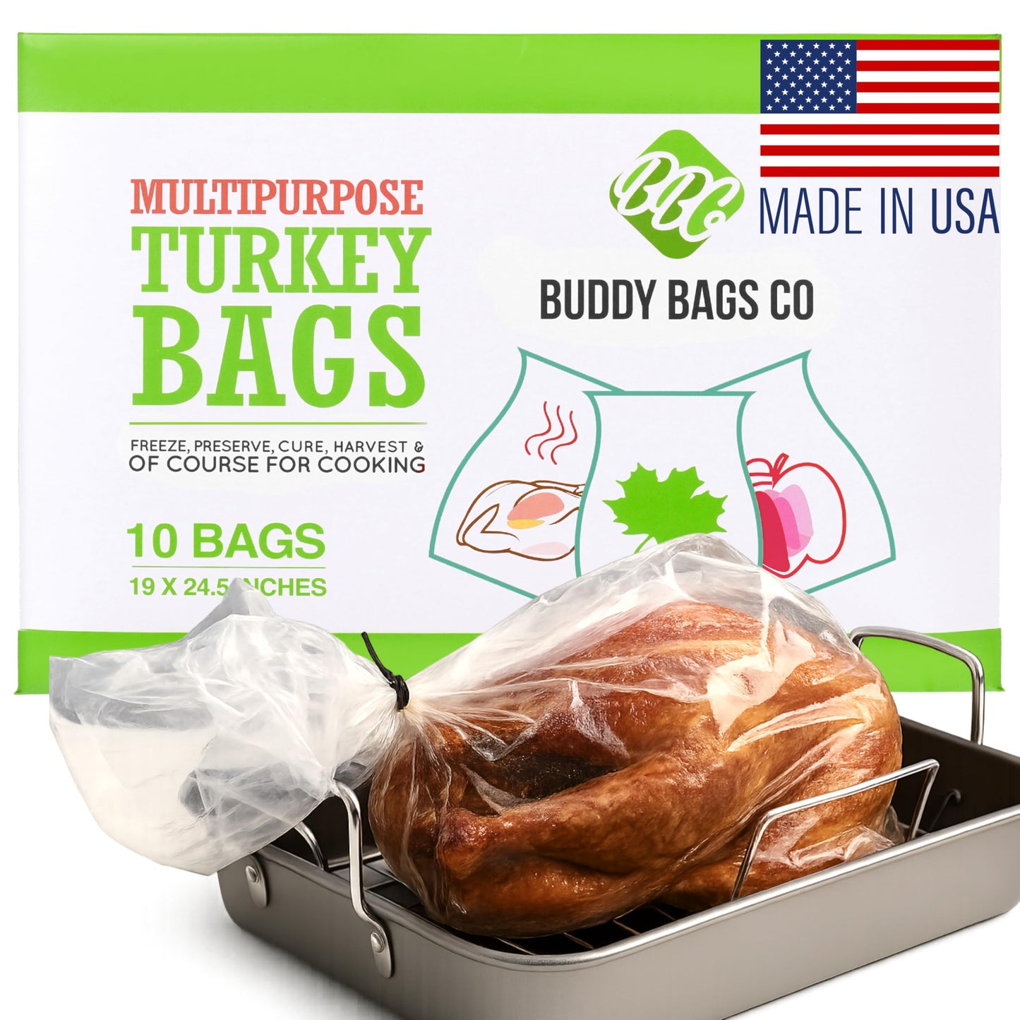 Buddy Bags Co Oven Bags for Roasting | Turkey Size (19" x 24.5") | 10-Pack Heavy-Duty, Oven-Safe Turkey Bags | BPA-Free, Heat-Resistant, Made in USA