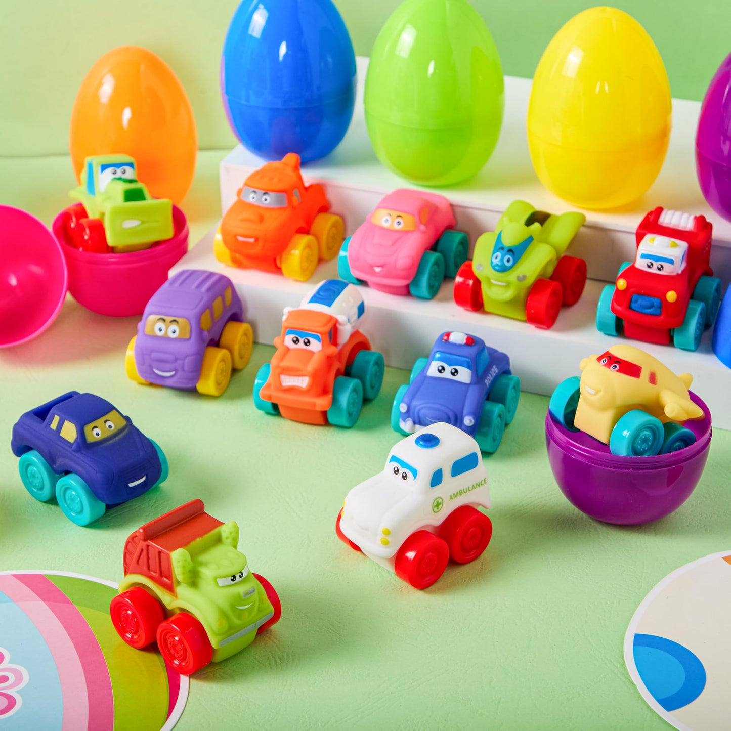 JOYIN 12 Pcs Easter Eggs with Toys, Plastic Eggs with Rubber Cars, Basket Stuffers, Party Favors for Toddlers and Kids, Easter Game, Classroom Prize Supplies