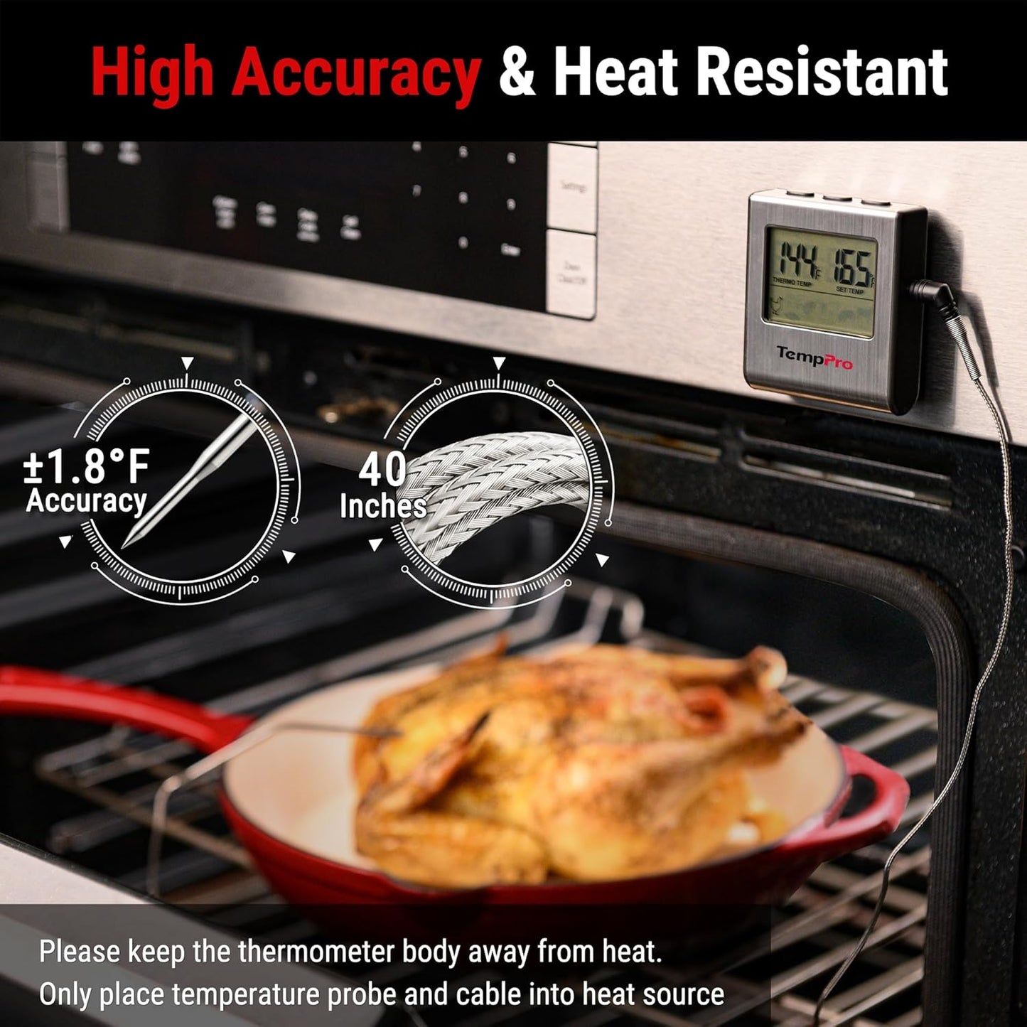 TempPro TP16 Large LCD Digital Cooking Thermometer - Stainless Steel Probe for BBQ & Oven Use