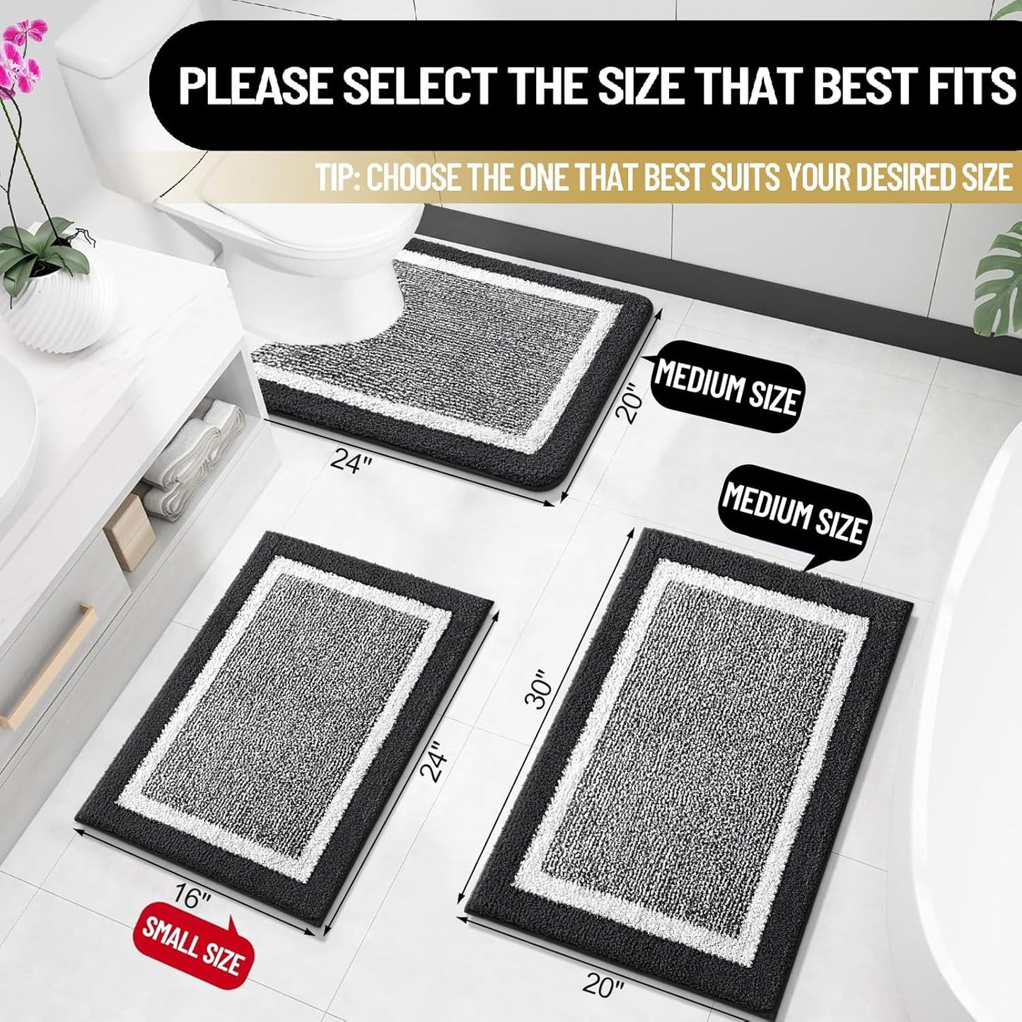 OLANLY Microfiber Bath Rugs - Extra Soft, Non-Slip & Absorbent | 24x16 Black Quick-Dry Shaggy Mats