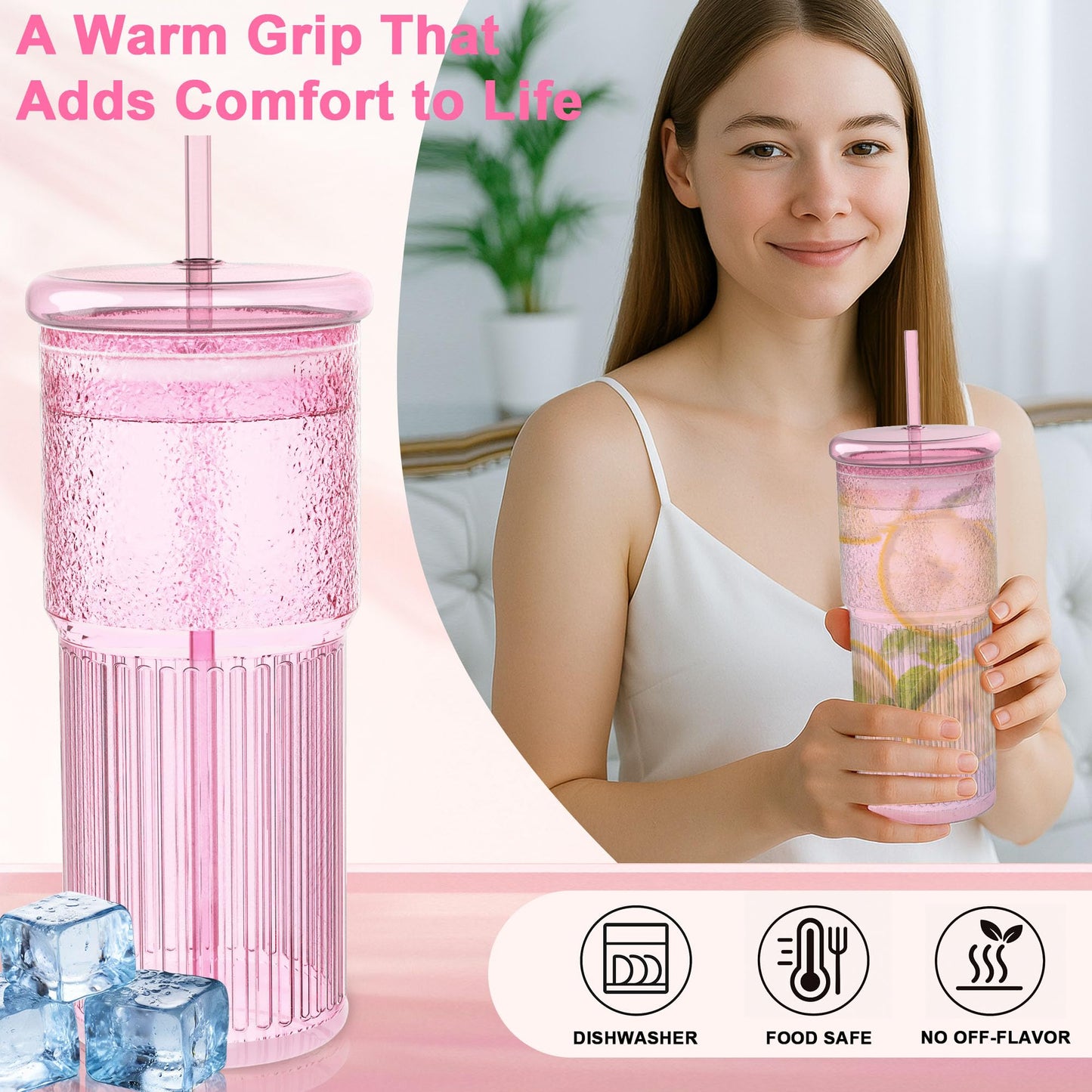 Luiaiog Glass Cups with Lids and Glass Straws, High Borosilicate 20OZ Pink Tumblers (2Pcs) for Coffee, Tea, Juice, Smoothies, Hot & Cold Drinks at Home/Office