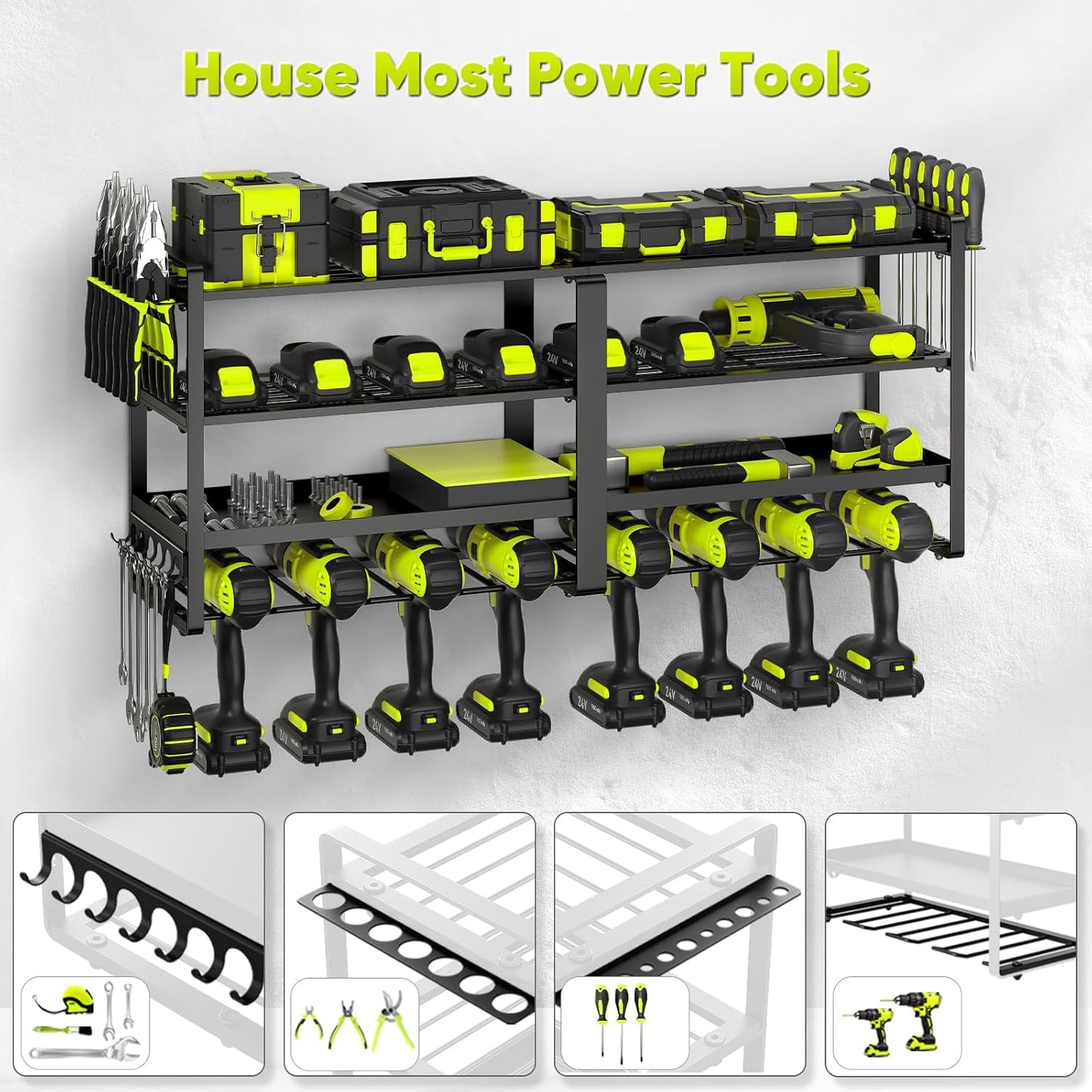POKIPO 33" W Heavy-Duty Power Tool Organizer - 4-Tier Wall Mount Storage for 8 Drills & Batteries | Garage Utility Rack