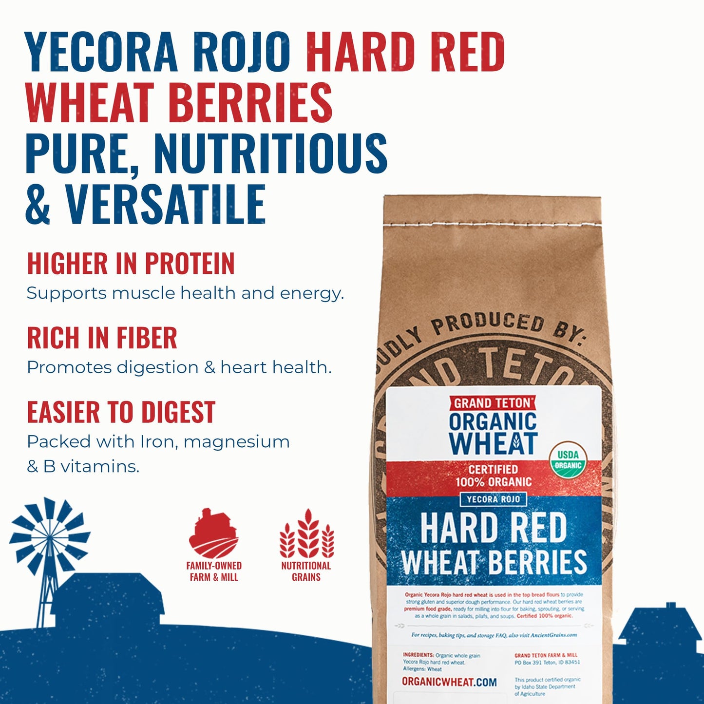 Yecora Rojo Hard Red Wheat Berries by Grand Teton Organic Wheat | Organic Hard Red Spring Wheat Berries for Baking Whole Grain Breads or Milling Into Flour | Non-GMO, (15 Pounds)
