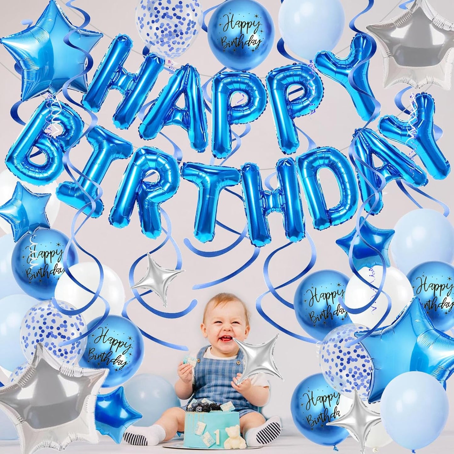 3D Foil Blue Happy Birthday Balloon Banner by [Brand Name] - Star Balloons & Confetti for All Ages