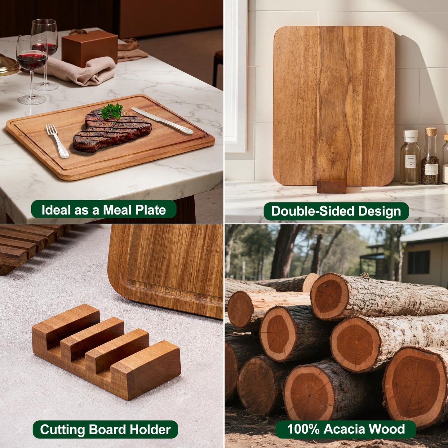 Acacia Wood Cutting Board Set with Holder, Wooden Cutting Boards for Kitchen, Reversible Chopping Boards for Meat, Vegetables, Cheese, Set of 3