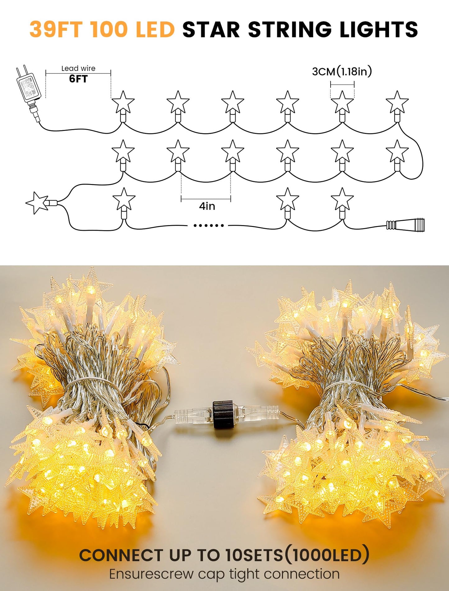 syosupviry Star String Lights Plug in,39ft 100LED Fairy Lights with Remote, Hanging Star Decorations Lights Waterproof for Indoor Outdoor Bedroom Classroom Dorm Kids Tent Party Decor,Warm White