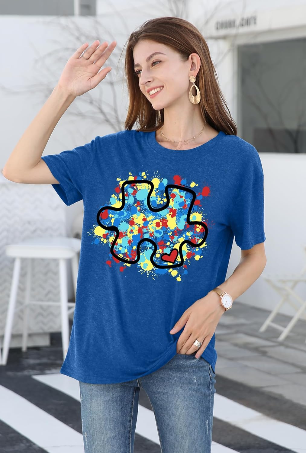 LAZYCHILD Autism Awareness Shirt - Women's Blue T-Shirt with Puzzle Piece Design