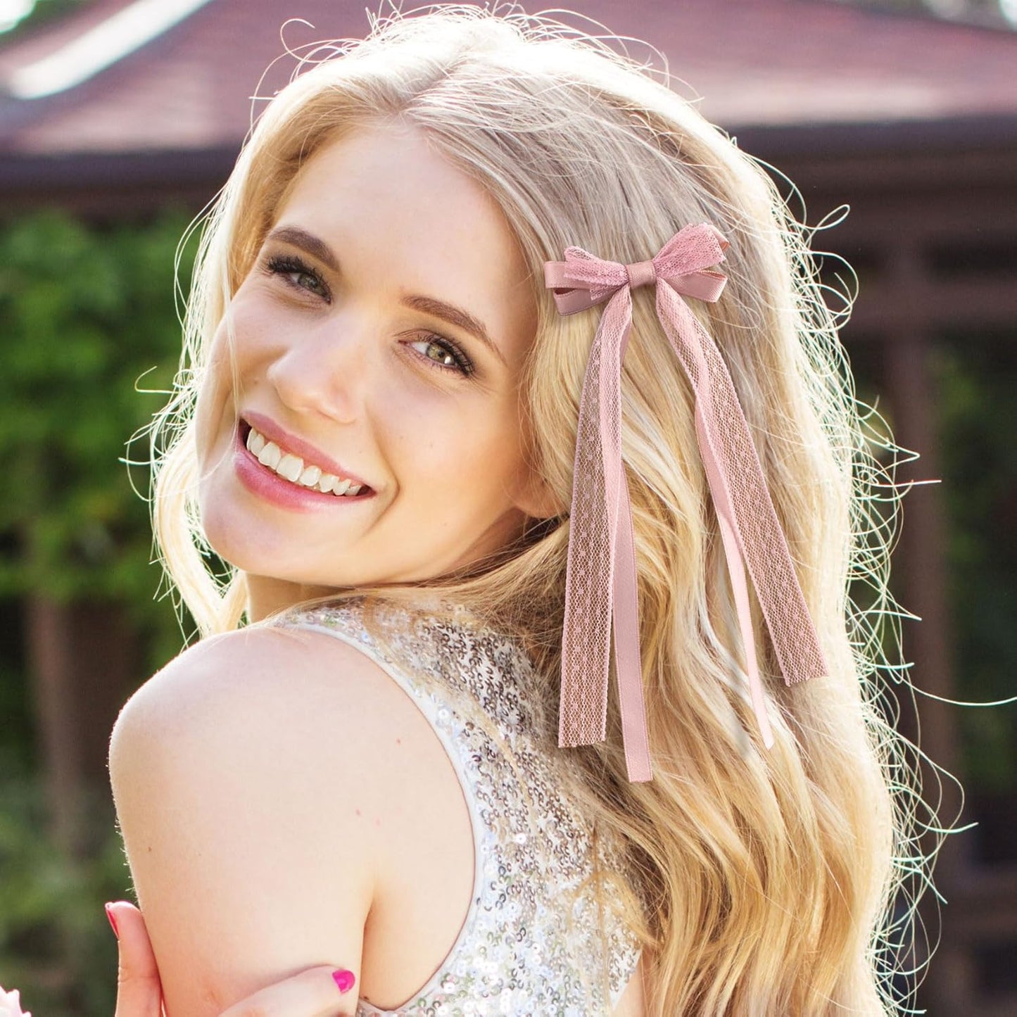 Skiennix Pink Lace Hair Bows - Cute Coquette Bow Clips with Long Tail Ribbons for Women | Perfect for Weddings & Special Occasions