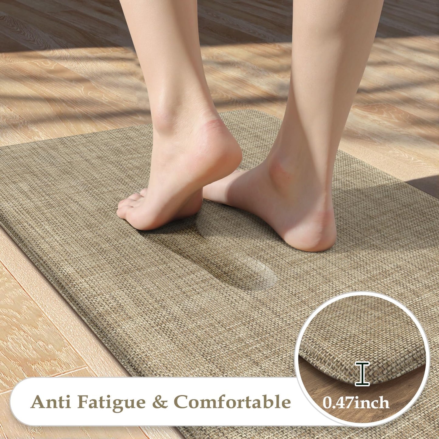 KIMODE Anti Fatigue Kitchen Mats, 17"x47"+17"x29" Farmhouse Kitchen Rugs Sets of 2, Non Slip Kitchen Mats for Floor, Cushioned Kitchen Floor Mats for Sink Laundry Office Desk Light Brown