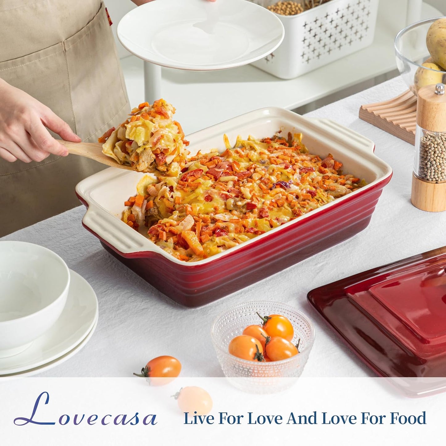 LOVECASA 4.5 Quart Ceramic Casserole Dish - Oven Safe Lasagna Pan with Lid & Handles | Gradient Red