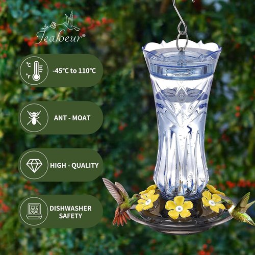Jealoeur Hummingbird Feeder - 18 OZ Outdoor Feeder with 6 Bee Guard Ports & Ant Moat | Easy to Clean, Blue