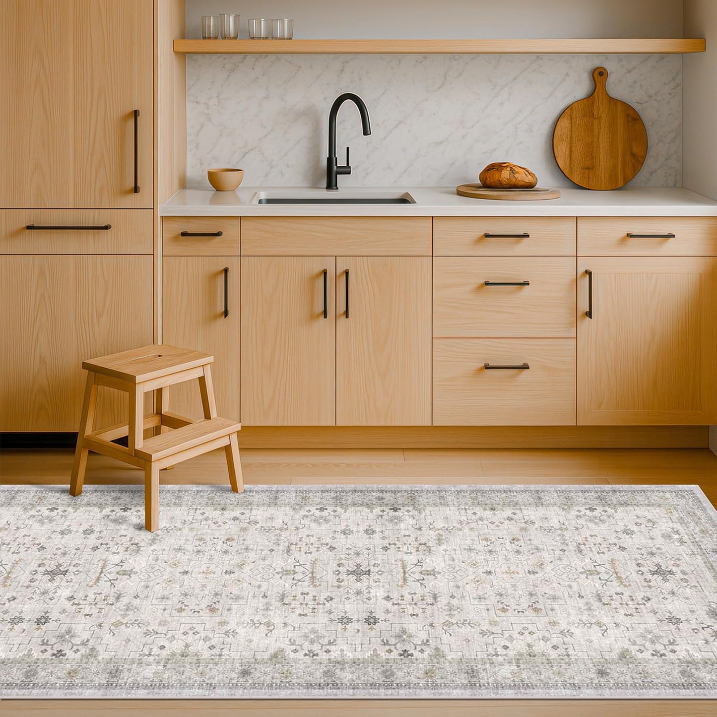 Light Grey Boho Bathroom Runner Rug - Washable Low Pile Non-Slip 2x5 Floral Design for Indoor Use