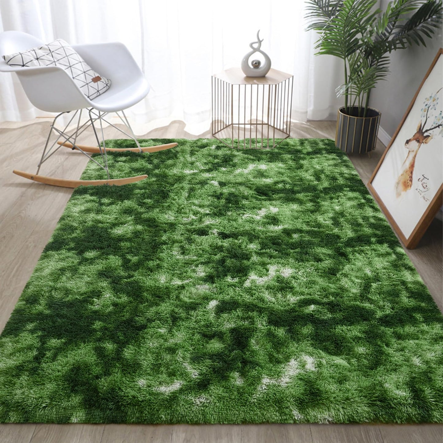 DweIke Extra Large Fluffy Area Rug, 5x8 ft Modern Indoor Carpets for Living Room Bedroom, Plush High Pile Tie-Dyed Dark Green Rug for Girls Kids Playroom Classroom Nursery Home Décor, Dark Green