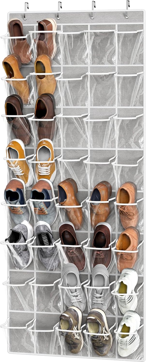 Simple Houseware Over The Door Shoe Organizer - 40 Large Clear Pockets, Gray (75.4" x 27.25")