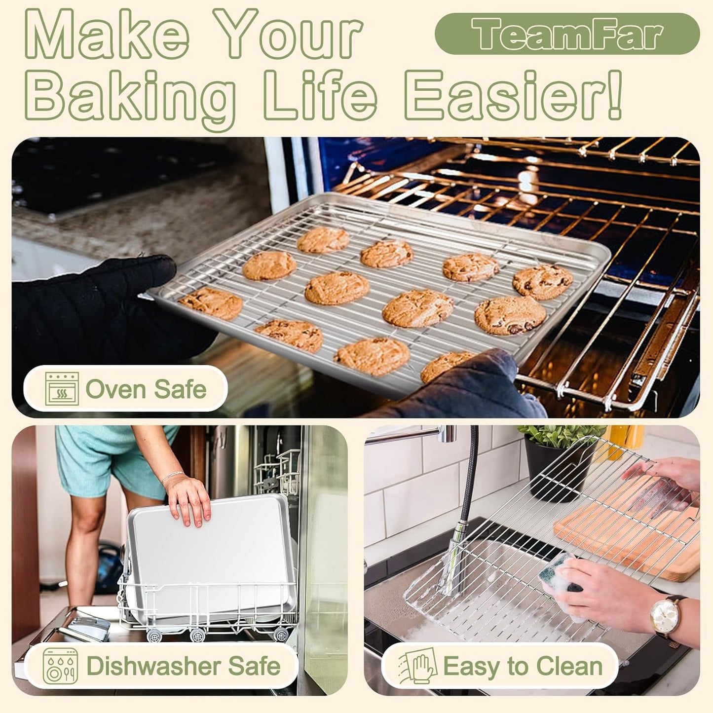 TeamFar Baking Sheet Set - 3 Stainless Steel Cookie Sheets with Racks | Non-Toxic, Heavy Duty, Dishwasher Safe, 16/12.5/9 Inch