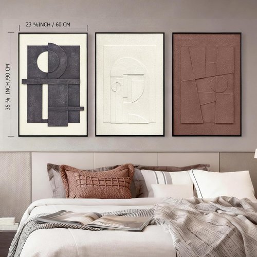 3D Textured Framed Wall Art - Modern Minimalist Neutral Artwork | Geometric Decor for Living Room, 24x36 In