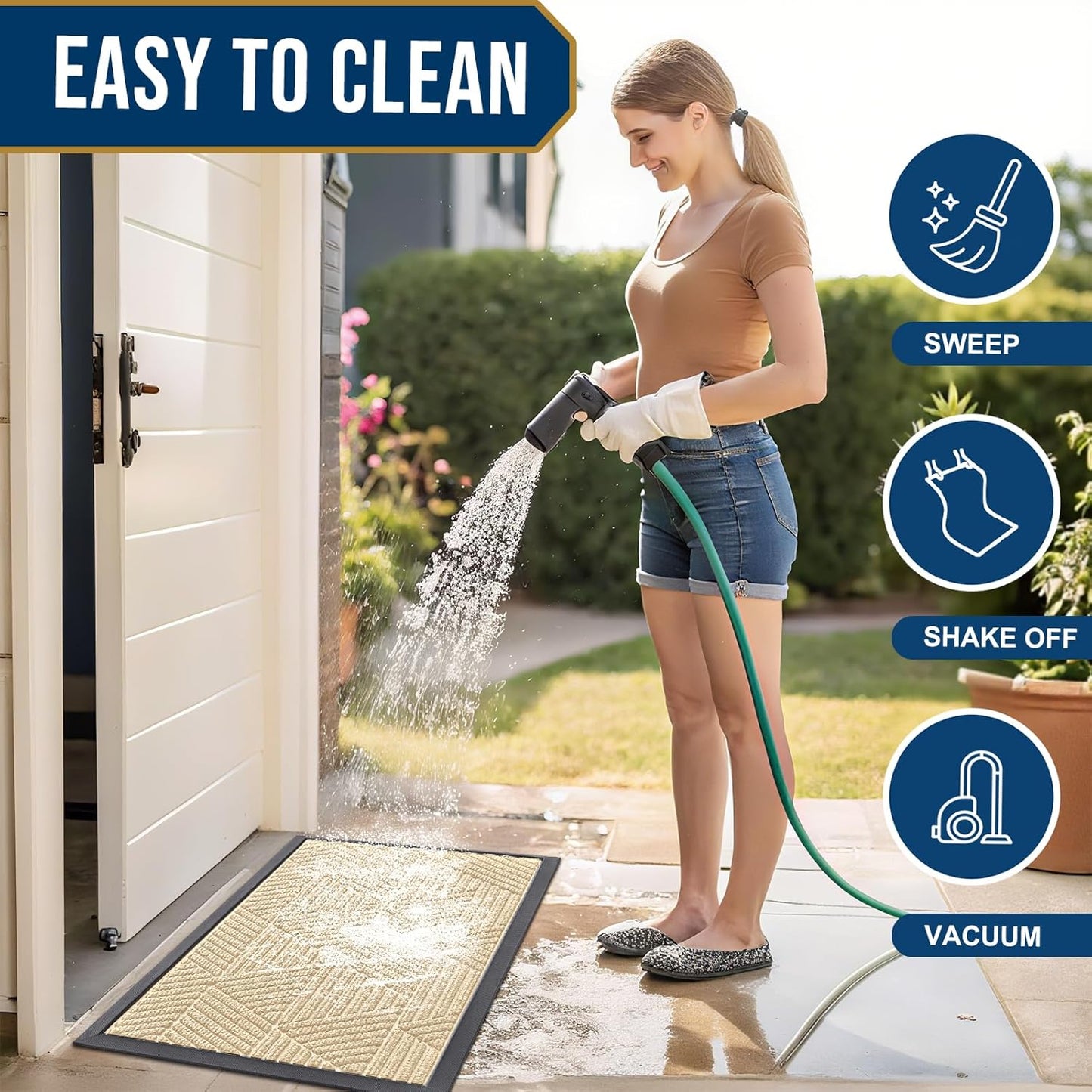 Smiry Heavy-Duty Natural Rubber Front Door Mat - Irregular Triangle Design | Easy Clean, 29.5x17 Inches, Beige
