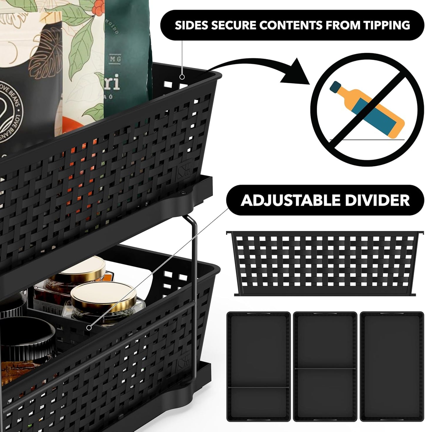 Simple Houseware 2-Tier Bathroom Organizer Tray - Pull-Out Sliding Drawer for Under Sink Storage, Black