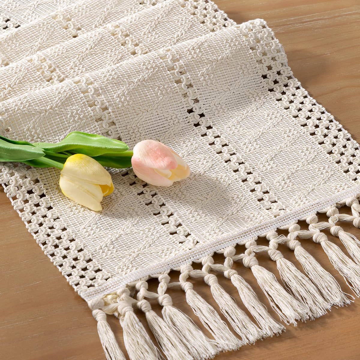 Socomi Boho Table Runner Summer Farmhouse Rustic Dining Kitchen Centerpiece Decor Small Macrame Woven Cotton Linen Coffee Table Runner for Dresser Scarf Home Decor 12x60 inch Beige
