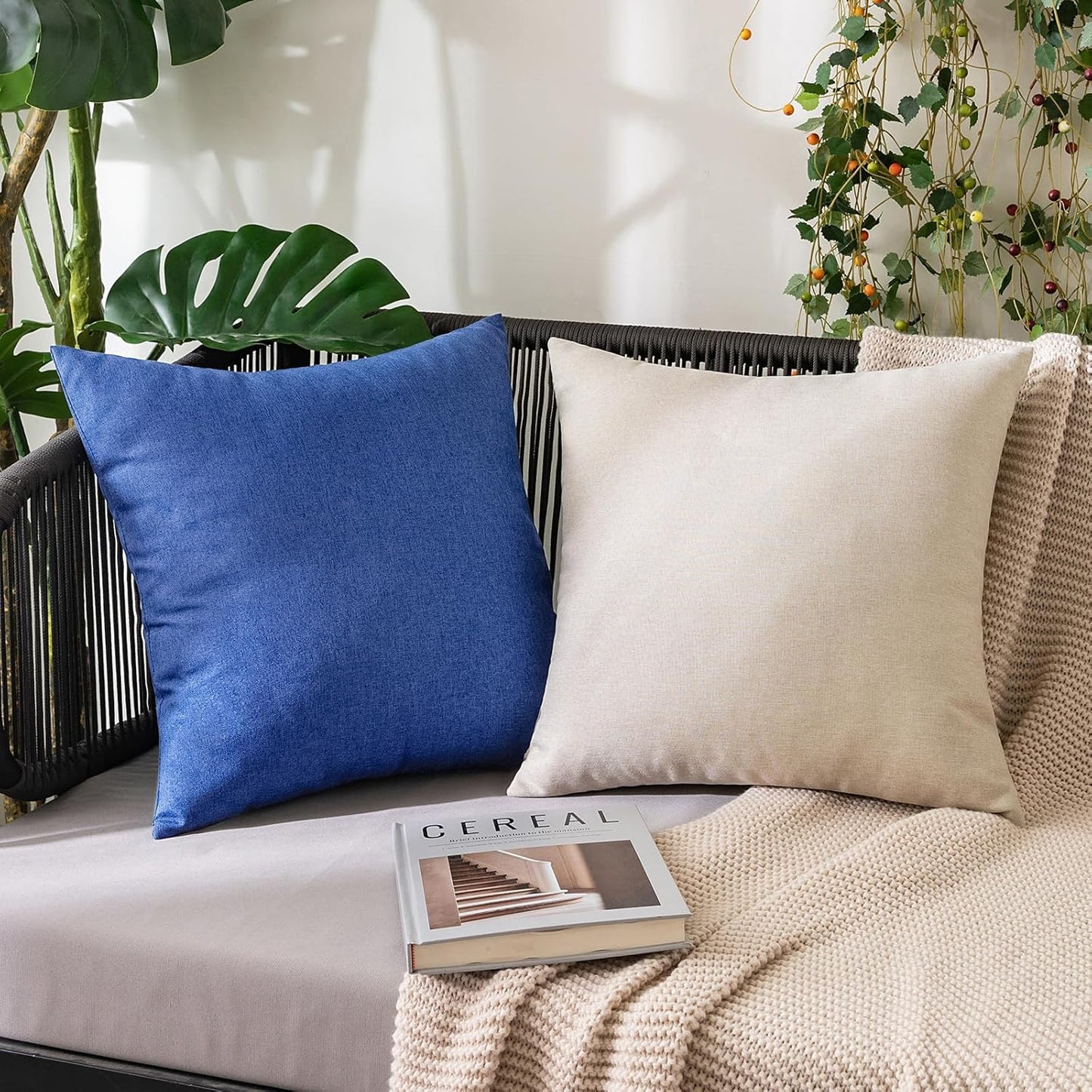 MIULEE Decorative Outdoor Throw Pillow Covers - Waterproof Faux Linen Cushion Cases | 18x18 Inch Royal Blue (Pack of 2)