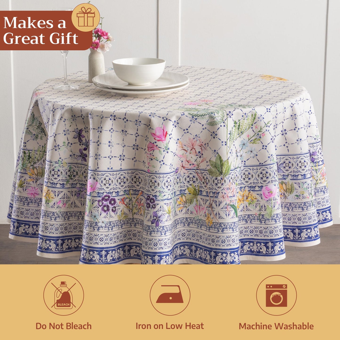 Maison d' Hermine Table Cloth Round Table 100% Cotton 69 Round Inches Tablecloth Reusable Decorative for Dining Kitchen Room Farmhouse Home Gifts for Mothers Day Spring Summer - Faience