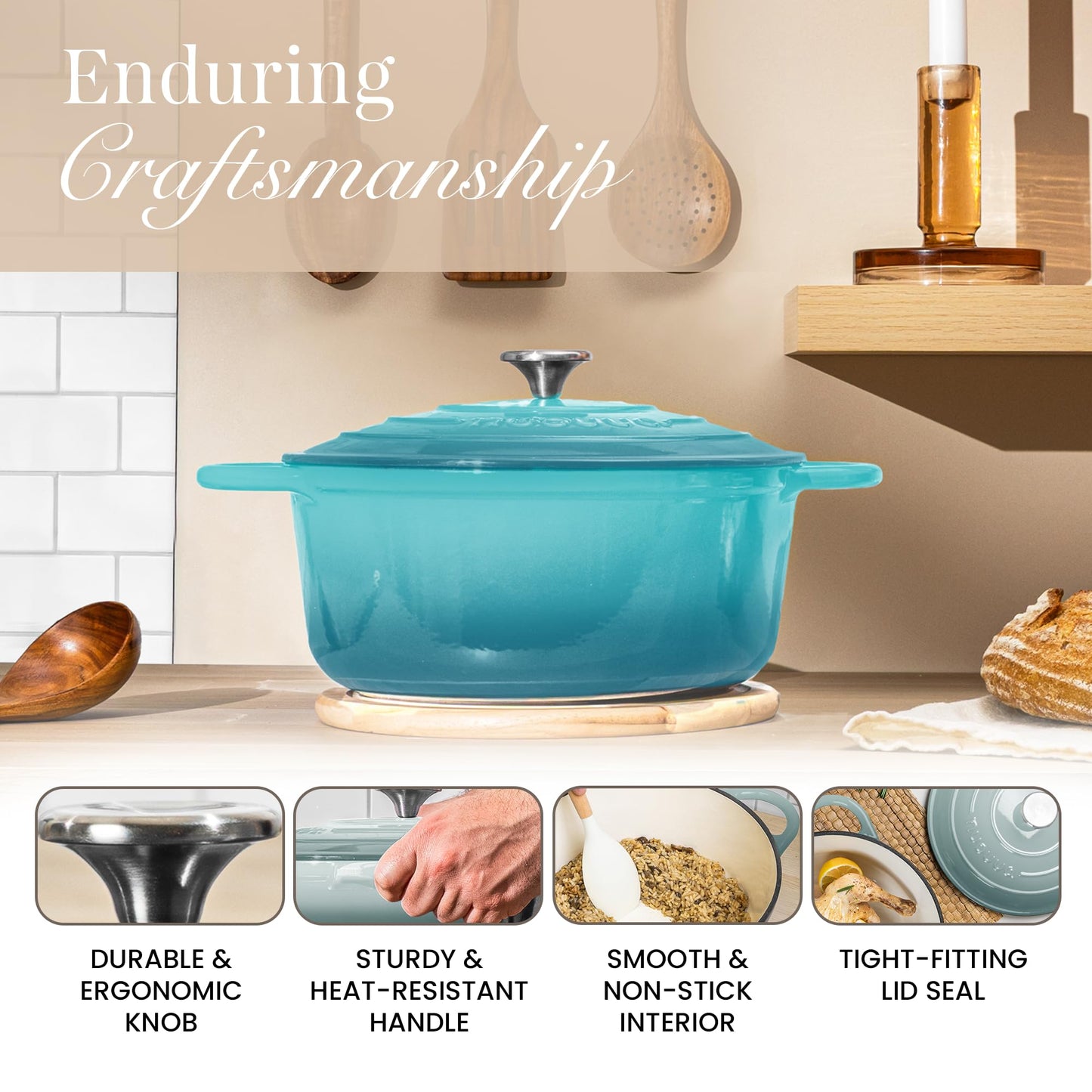 Nuovva Enamelled Cast Iron Dutch Oven Pot with Lid – 6.4 Quart Non Stick Casserole Pot – Heavy Duty & Oven Safe up to 500° F for Bread Baking, Braising, Stews, Roasting – 28cm Teal