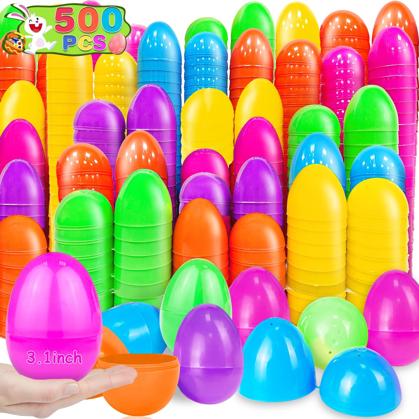 TURNMEON 500 Count 3.1 Inch Large Plastic Easter Eggs Bulk Fillable Empty Eggs for Easter Basket Stuffer Filler Eggs Hunt Filling Treats Theme Party Favors Classroom Prize Supplies Decoration