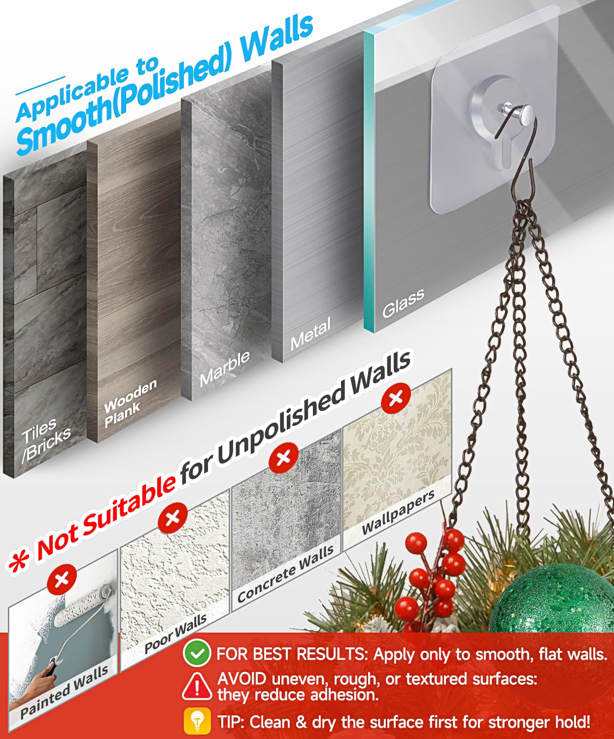 YOGEERNIC Adhesive Hooks for Wall(13lb Max), Wall Hangers Without Nails for Photos Frames, Utility Waterproof and Oil Resistant Hooks for Kitchen, Bathroom, Home and Office -10 Pack