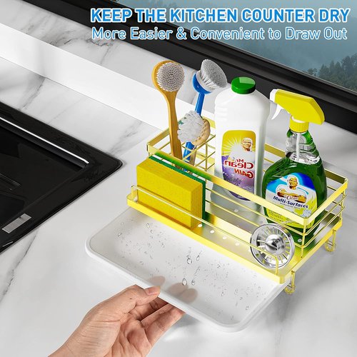 Cisily Kitchen Sink Caddy - Gold Stain-Resistant Tray with 4 Storage Spaces | 5.3" Wide, 9.49" Long