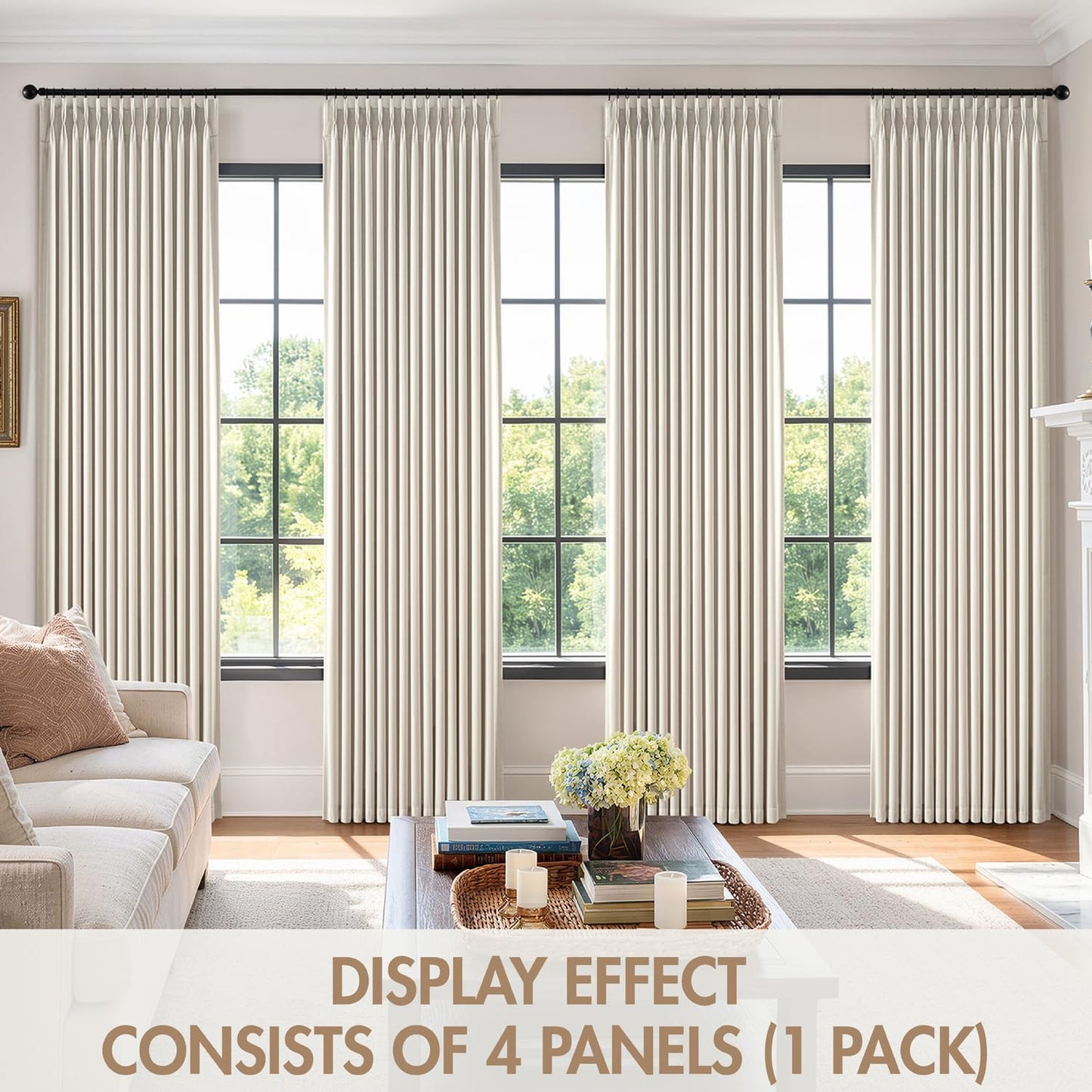 MIULEE 100% Blackout Curtains - Thick Linen, Memory Trained Pleat, 90 Inch Long, Birch | 4 Panel Set for Bedroom & Living Room