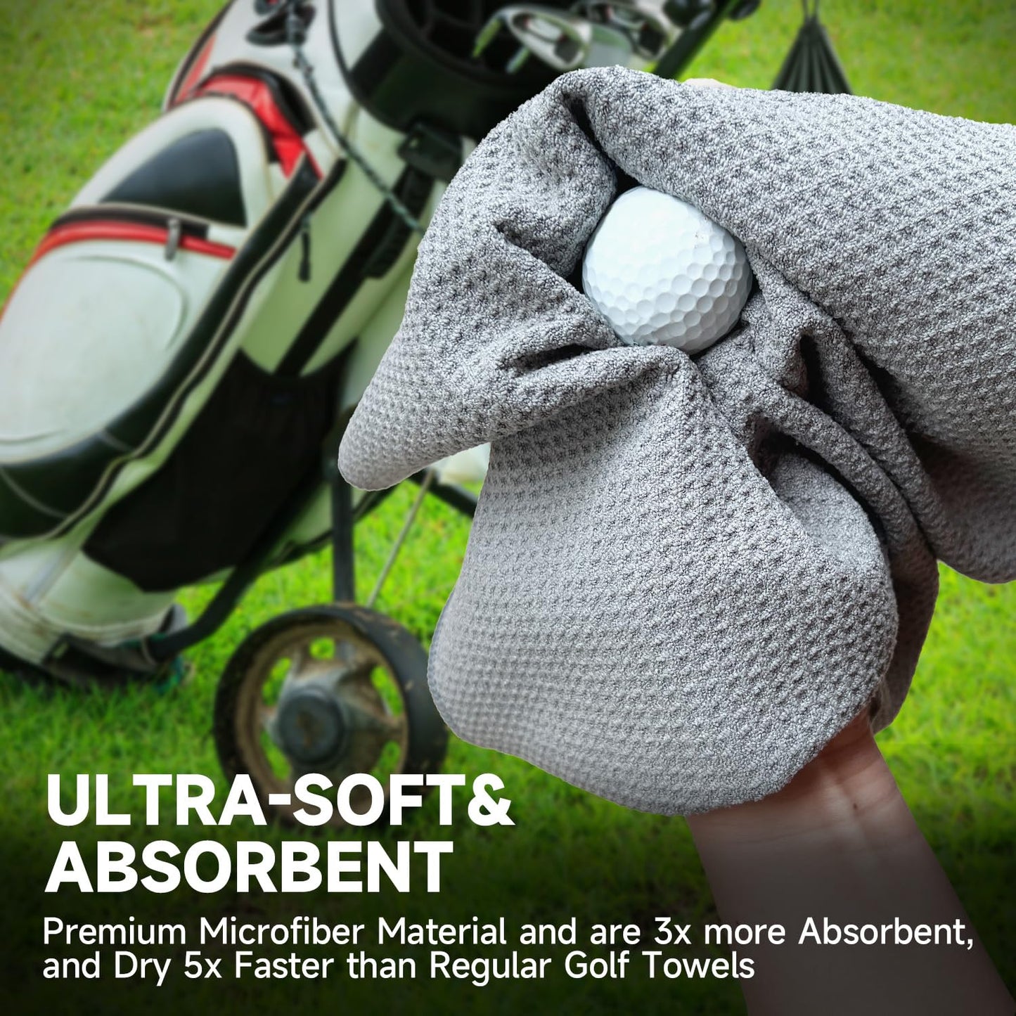 Solvora 3 Pack Golf Towels - 16"x24" Tri-Fold Waffle Microfiber Golf Towel for Golf Bag/Golf Cart, Heavy-Duty Carabiner & Ultra Absorbent Fabric to Wipe Sand, Mud & Sweat (Black/Grey/Red)