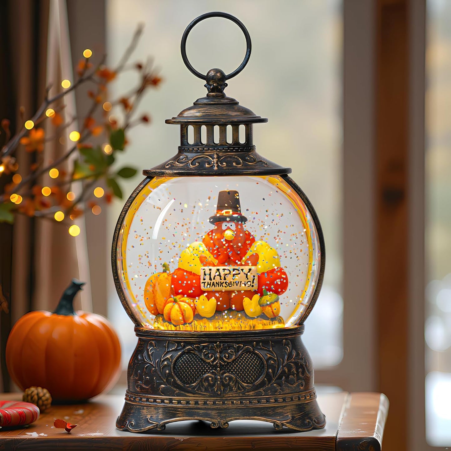 Skiennix Snow Globe | Thanksgiving Water Lantern with Swirling Glitter - Autumn Harvest Decor (Turkey & Pumpkins)