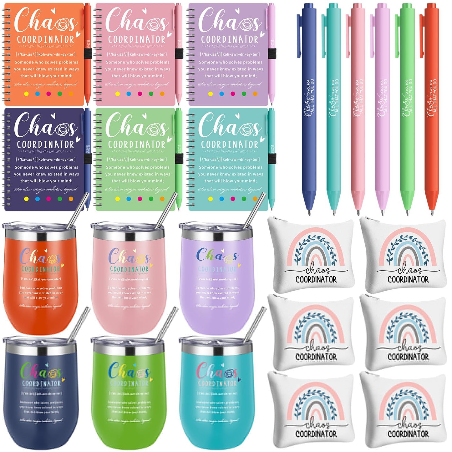 Sieral 24 Pcs Chaos Coordinator Gifts Employee Appreciation for Women Stainless Steel Tumbler with Lid Spiral Notebook with Sticky Note Pen Makeup Bag Thank You Gifts for Coworker Teacher Nurse