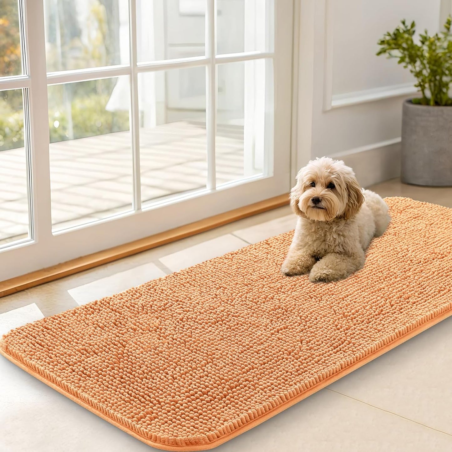OLANLY Dog Door Mat - Absorbent Non-Slip Washable Chenille Mat for Muddy Paws | 47x20, Orange