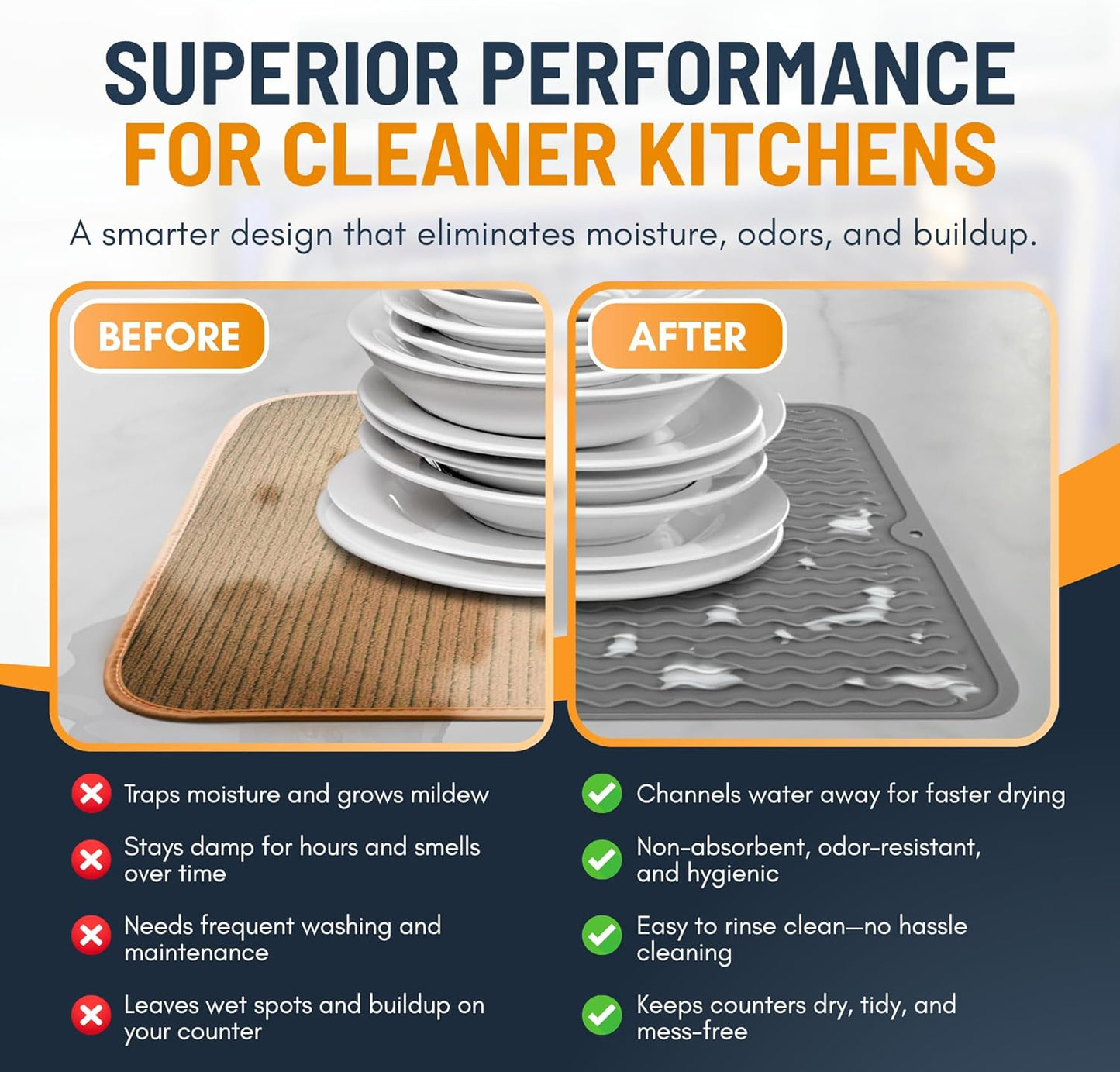 Linda’s Essentials Silicone Dish Drying Mat - Non-Slip & Heat-Resistant 16 x 12 Inch Kitchen Pad (Gray)