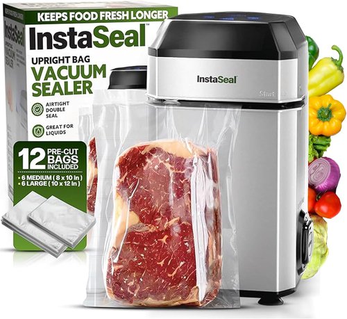 InstaSeal Vacuum Sealer - Preserves Food 5X Longer with 12 Bags | Compact Upright Design for Sous Vide Cooking