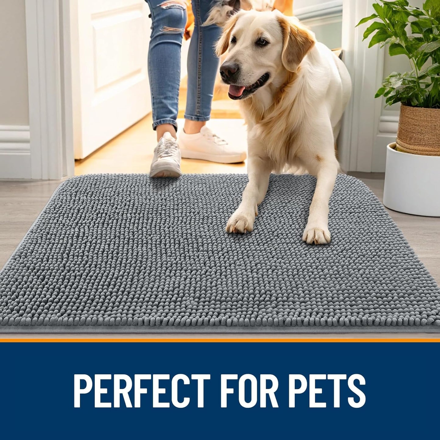 OLANLY Dog Door Mat - Absorbent Non-Slip Chenille Mat for Muddy Paws | 45x27 Inches, Grey