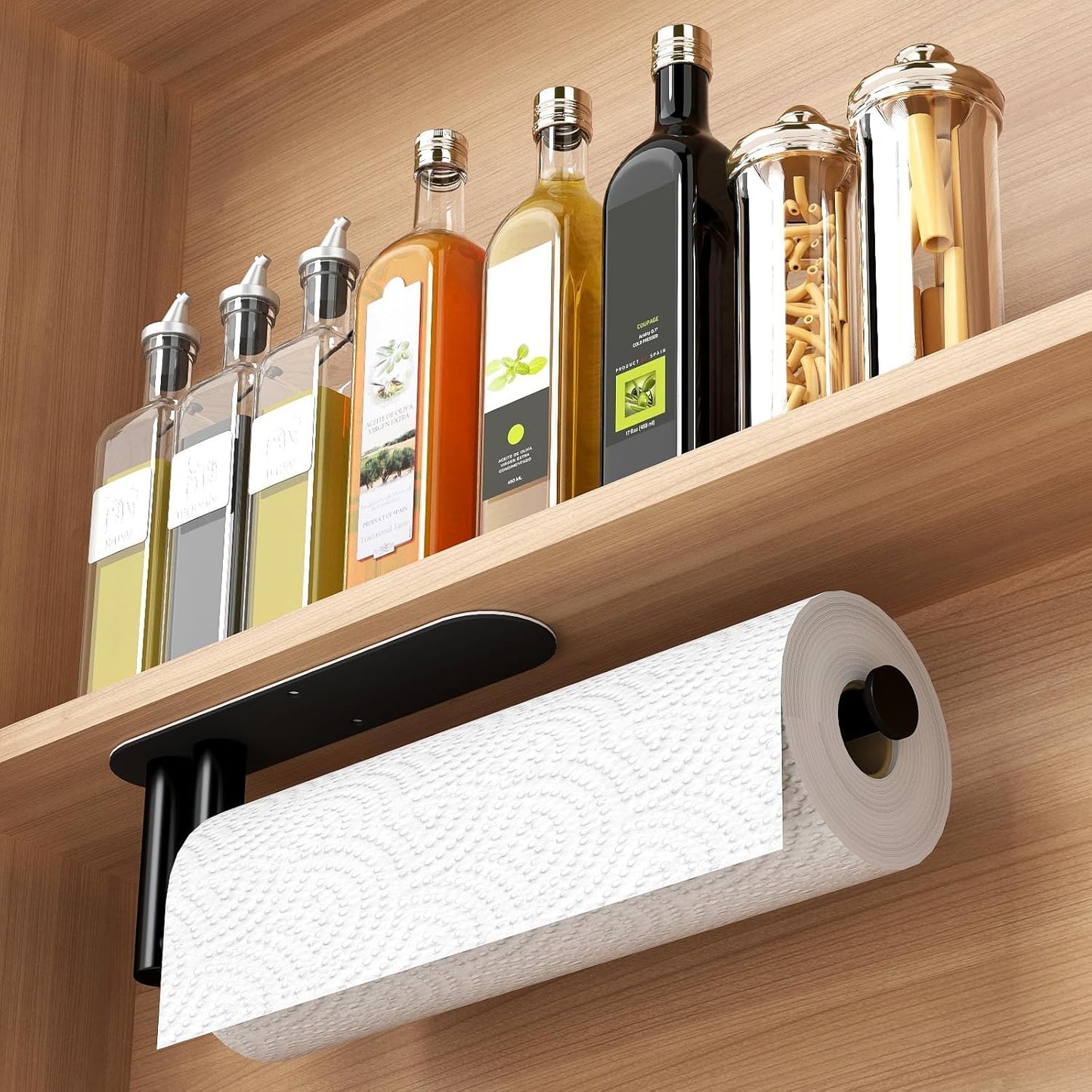 Skiennix Under Cabinet Paper Towel Holder - Heavy Duty Double Pole Design, Stainless Steel, Black