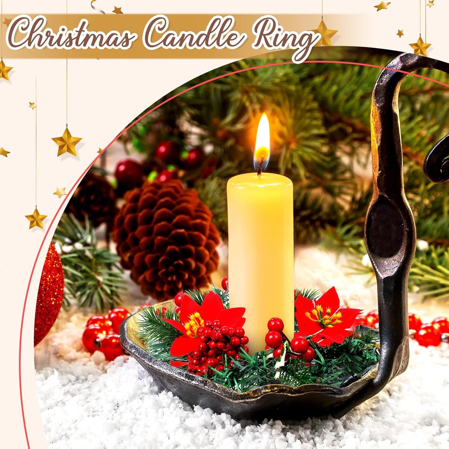 Yilloog Mini Christmas Candle Rings - 8 Sets of Berry & Pinecone Wreaths for Festive Table Decor