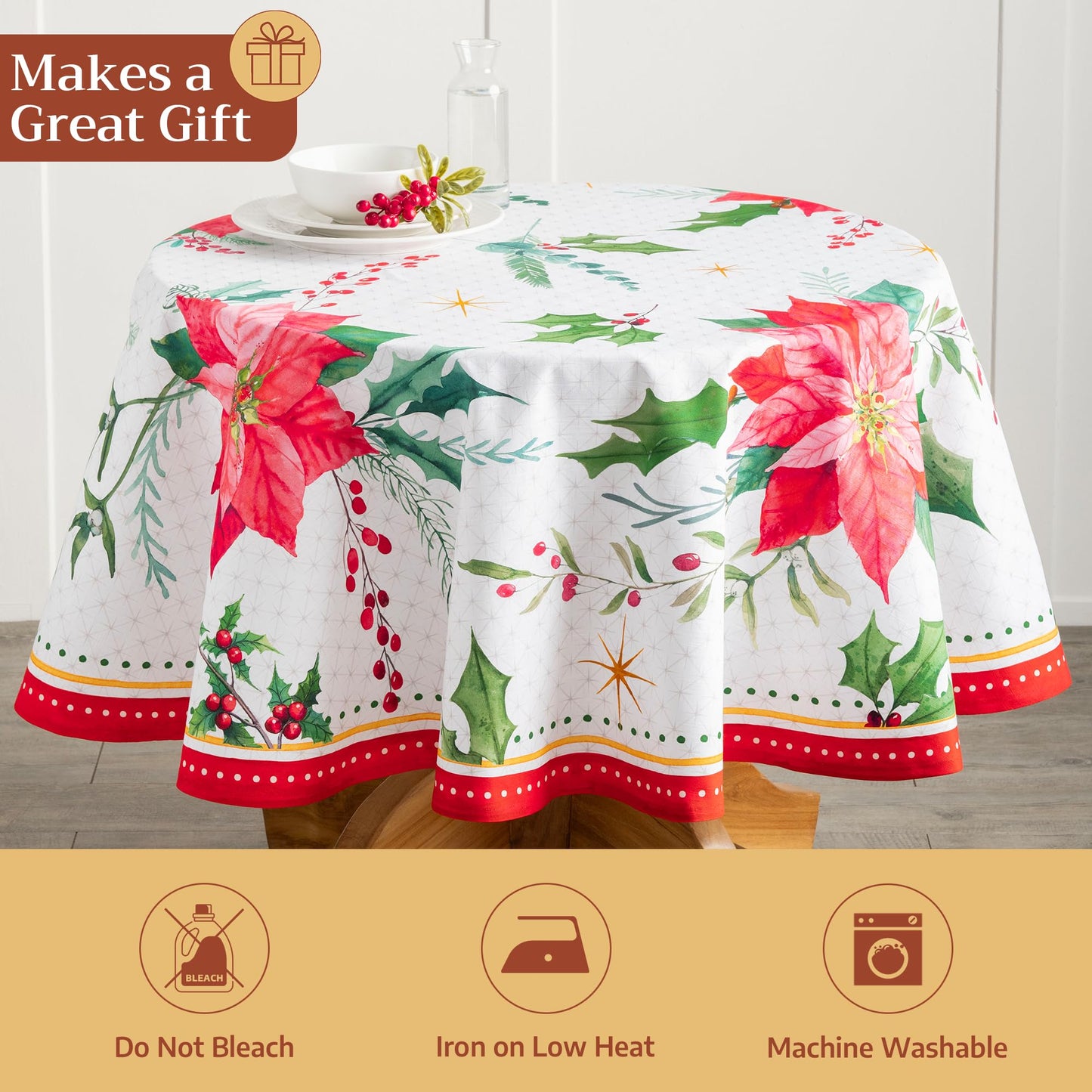 Maison d' Hermine Table Cloth Round Table 100% Cotton 63 Inches Fall Tablecloth Reusable Everyday Use for Thanksgiving Christmas Decorations Dining Farmhouse Party (Poinsettia Christmas)