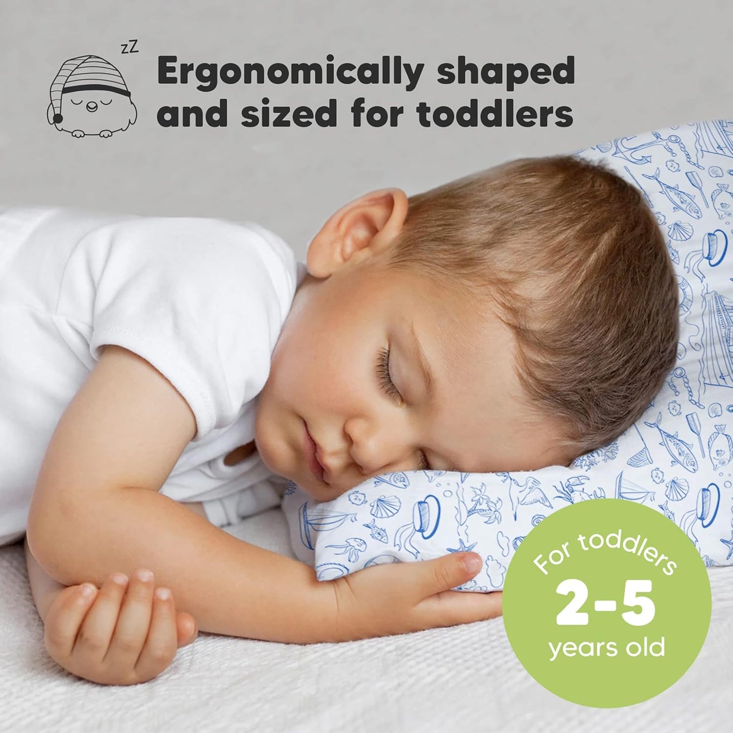 My Little Dreamy Toddler Pillow - Organic Cotton Travel Bed Pillow with Case | Soft & Breathable, 13x18 Inches, Ideal for Ages 2-5 (Nautical)