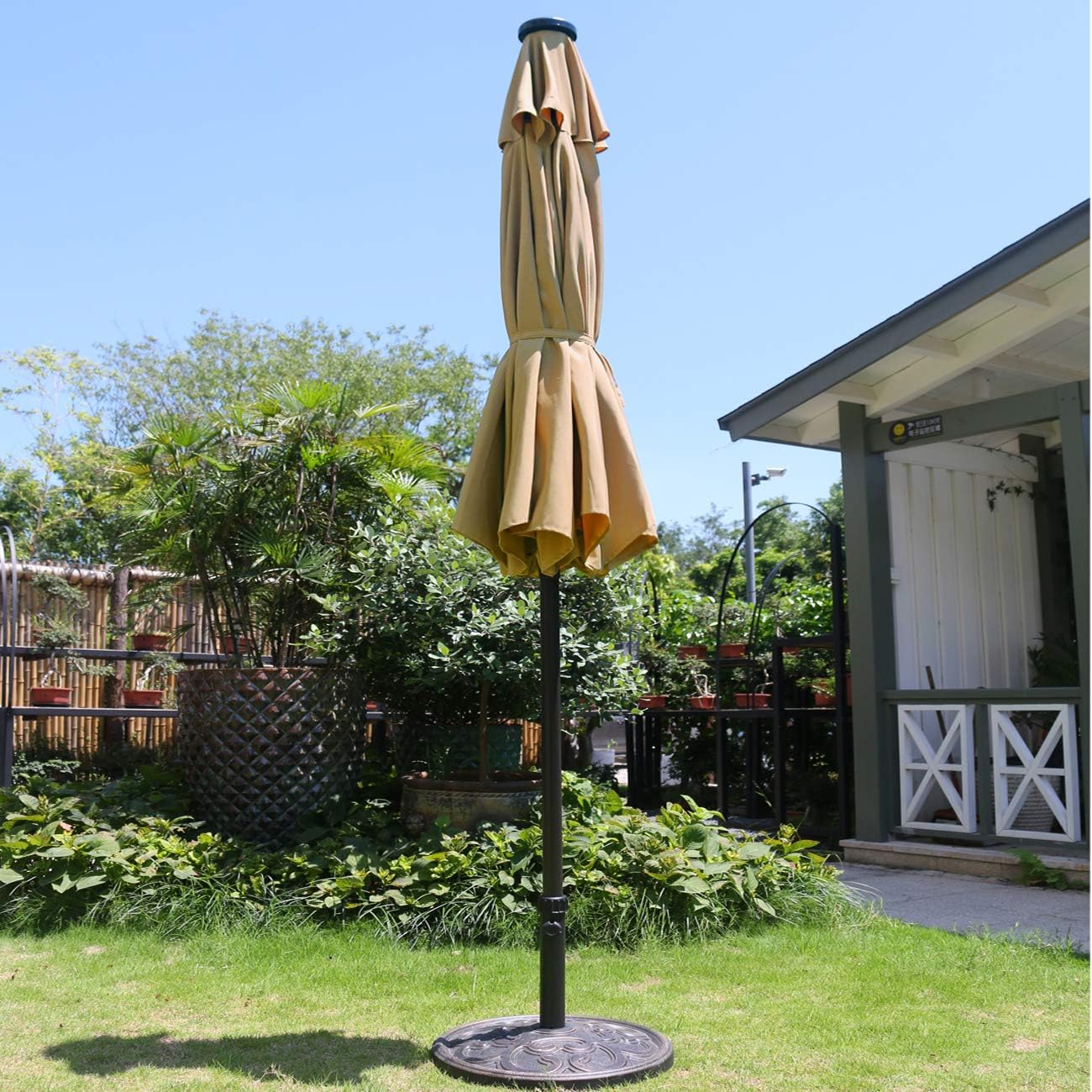 Sunnyglade 9' Solar LED Lighted Patio Umbrella - Tilt Adjustment & Crank Lift System | Light Tan