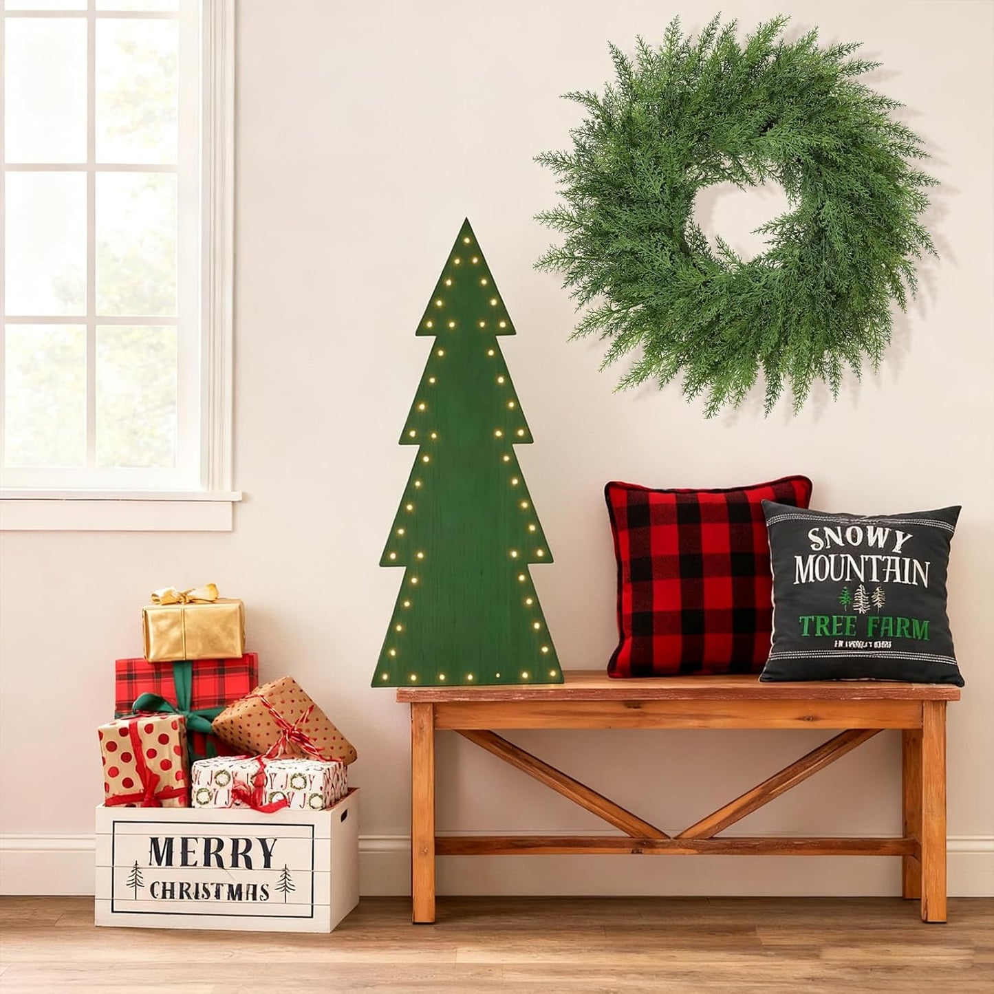 Lush Christmas Wreath - 24-Inch Real Touch Faux Cedar for Indoor/Outdoor Holiday Decor