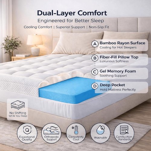 ELEMUSE Memory Foam Mattress Topper - 3 Inch Dual Layer with Cooling Gel & Pillowtop Comfort | Ideal for Teens & Guests