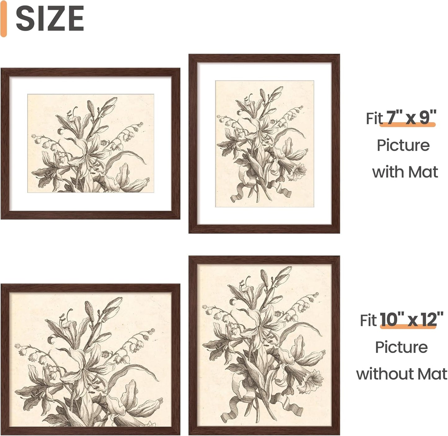 Upsimples 10x12 Picture Frame - Display 7x9 Photos with Mat or 10x12 Without | Brown, 1 Pack