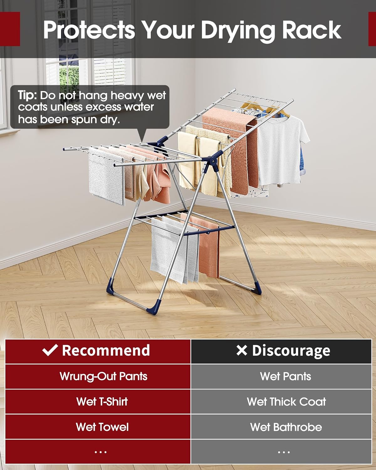 Sakugi Clothes Drying Rack - Height-Adjustable Metal Laundry Dryer Stand for Indoor & Outdoor Use | 55.5" L × 22.8" W, Silver Blue