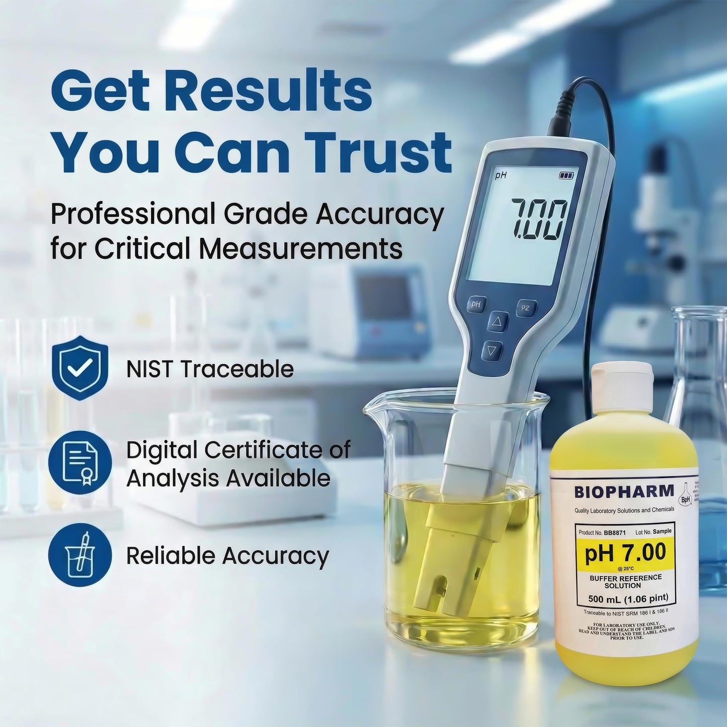 pH Buffer Calibration Solution 3-Pack: pH 4.00, pH 7.00, pH 10.00 Buffers — 500 mL (1.06 Pint) Each — Color Coded — NIST Traceable for All pH Meters